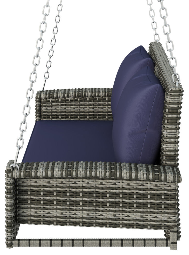 2-Person Wicker Hanging Rattan Porch Swing, Chains, Cushion, and Pillow, Gray Wicker
