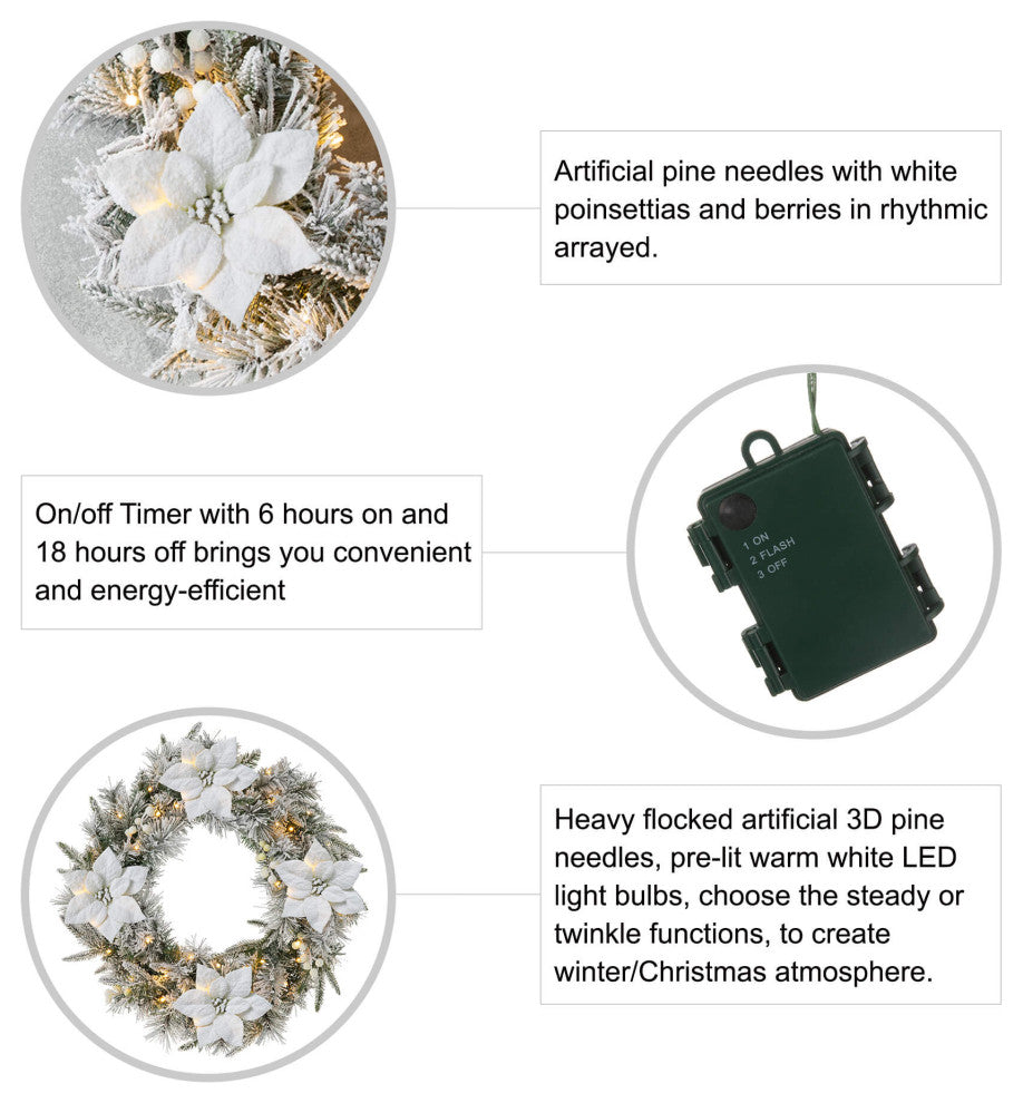 24"D Pre-Lit Snow Flocked Pine Poinsettia Christmas Wreath with 50 Lights
