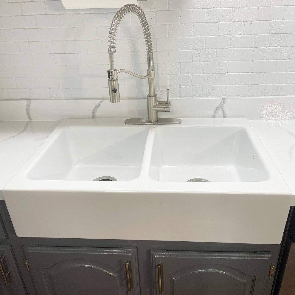 Parker White Fireclay 34"³ Double Bowl Quick-Fit Farmhouse Drop-in Kitchen Sink