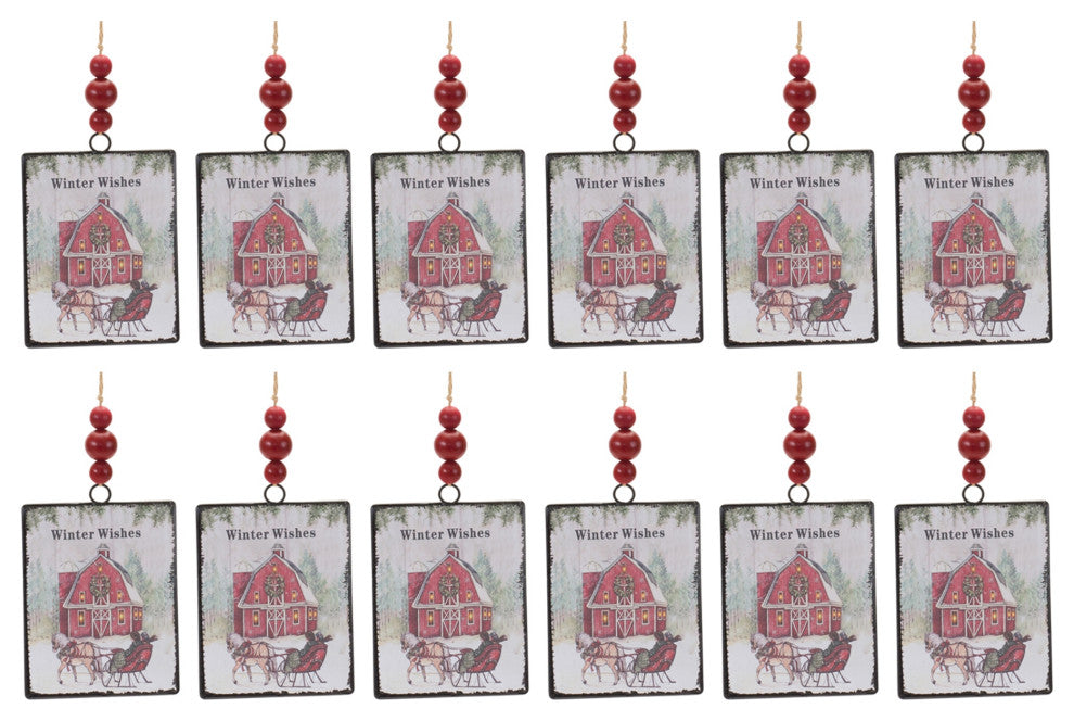Glass Winter Wishes Barn Ornament, Set of 12