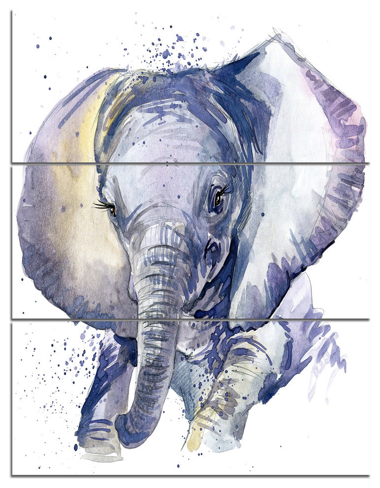Baby Elephant Blue Watercolor, Abstract Triptych Canvas Print, 28x36, 3 Panels