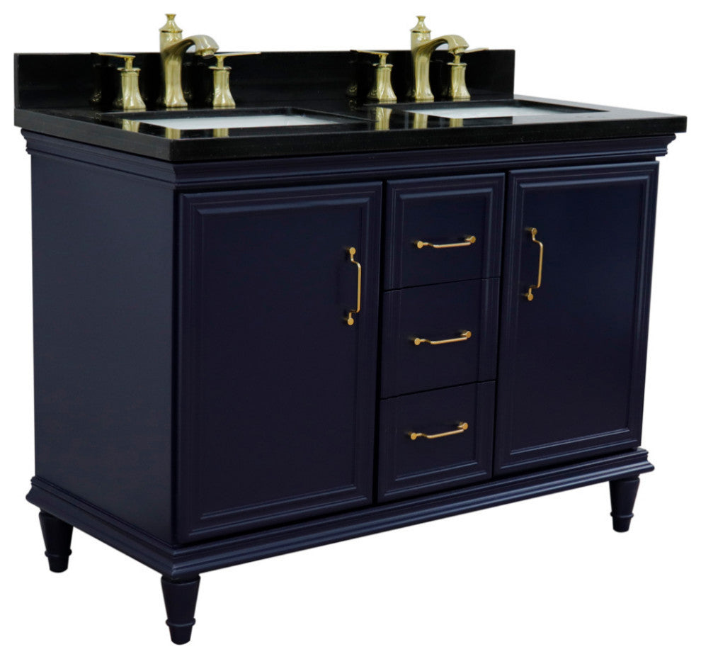 49" Double Vanity, Blue Finish With Black Galaxy And Rectangle Sink