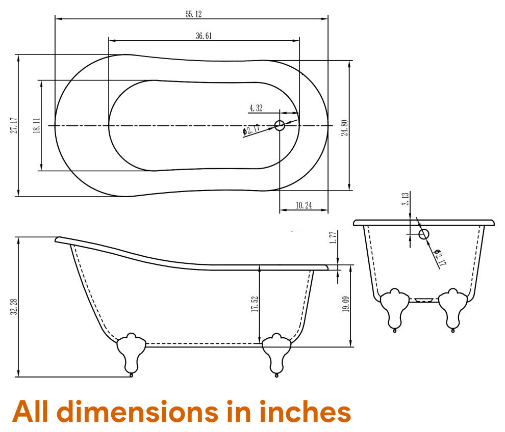 HEATGENE Acrylic Freestanding Bathtub Vintage Bathtub Contemporary, 55 Inches