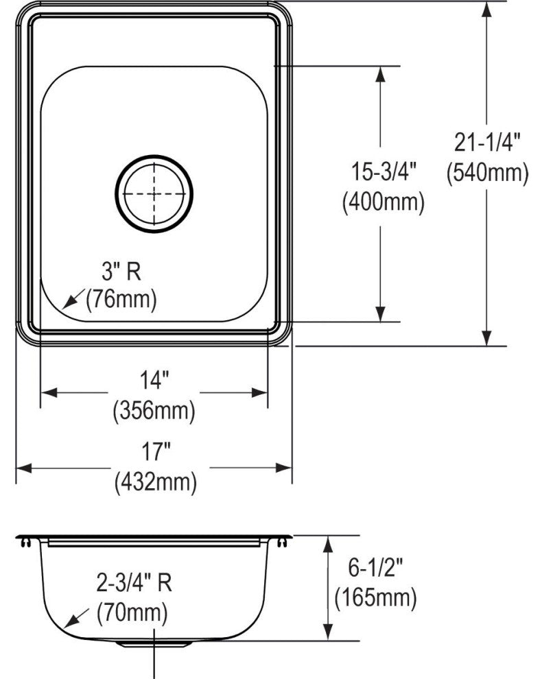 D11721 Dayton Stainless Steel 17" x 21-1/4" Drop-in Bar Sink, 2 Holes