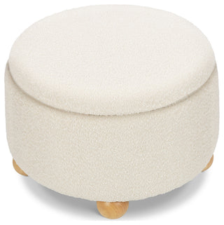 Tuffet Storage Ottoman, Performance Ivory Boucle With Honey Ball Feet