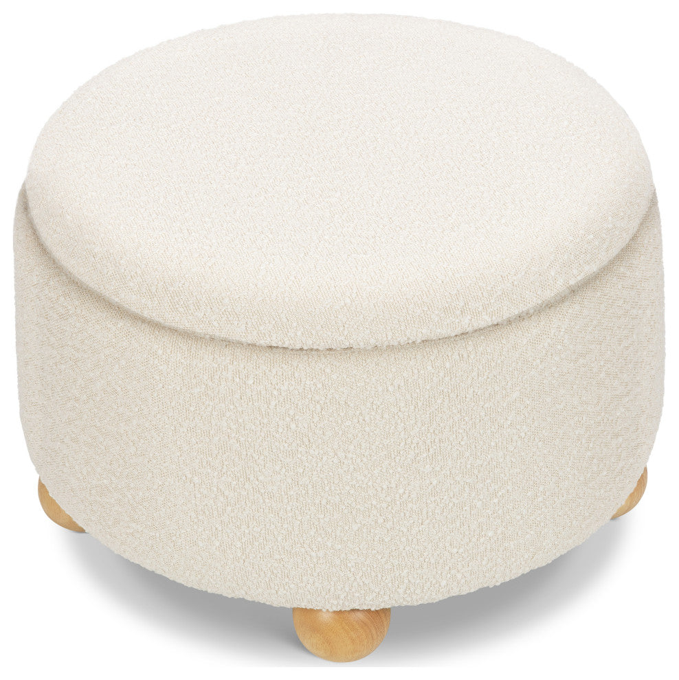 Tuffet Storage Ottoman, Performance Ivory Boucle With Honey Ball Feet