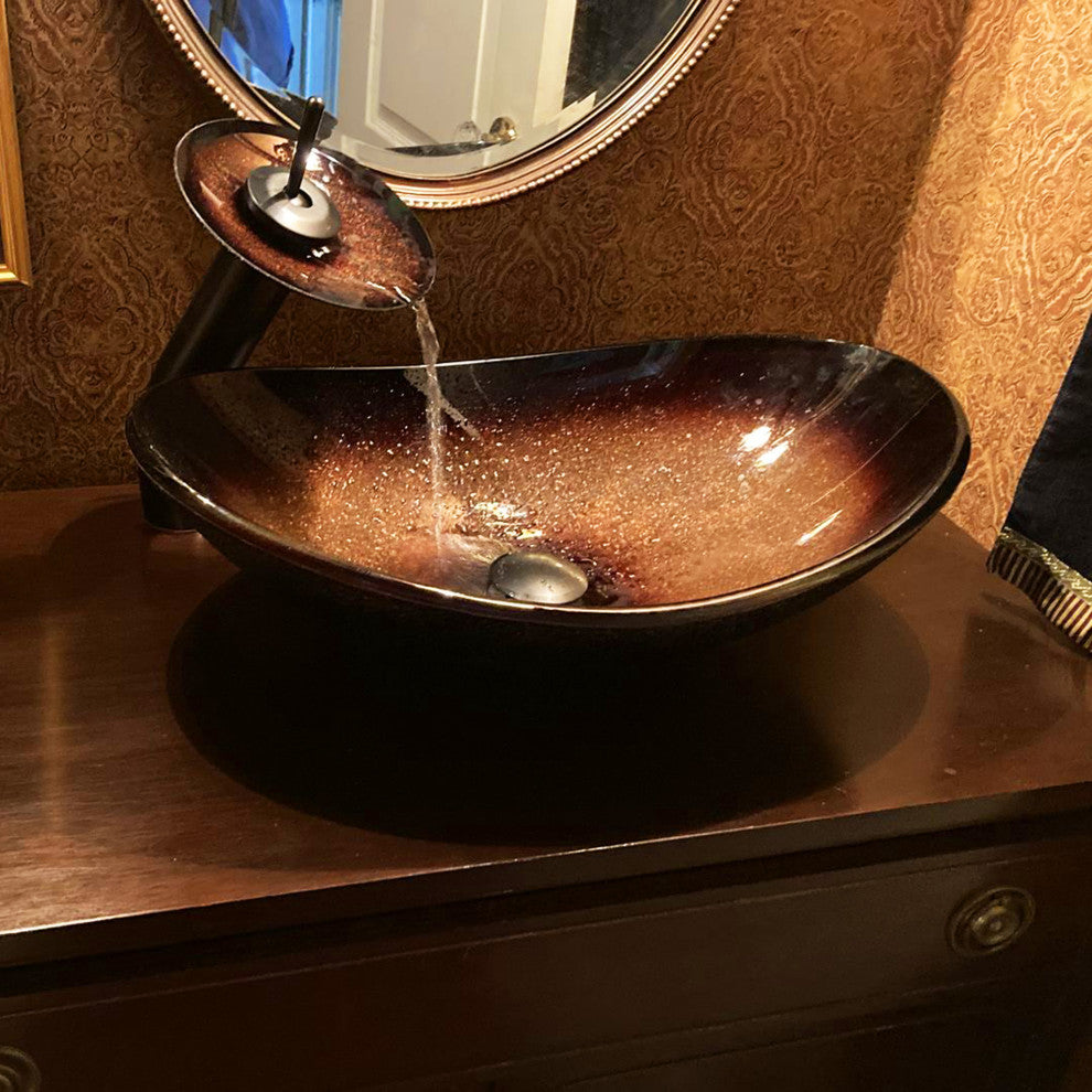 Novatto Rena Oval Glass Vessel Bathroom Sink Set, Matte Black
