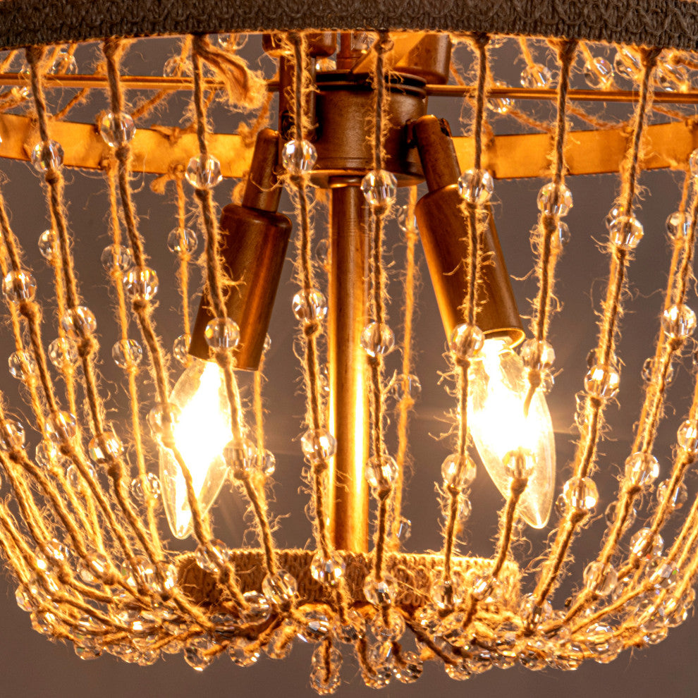 4-Light Farmhouse Chandelier With Jute Rope and Crystal Shade