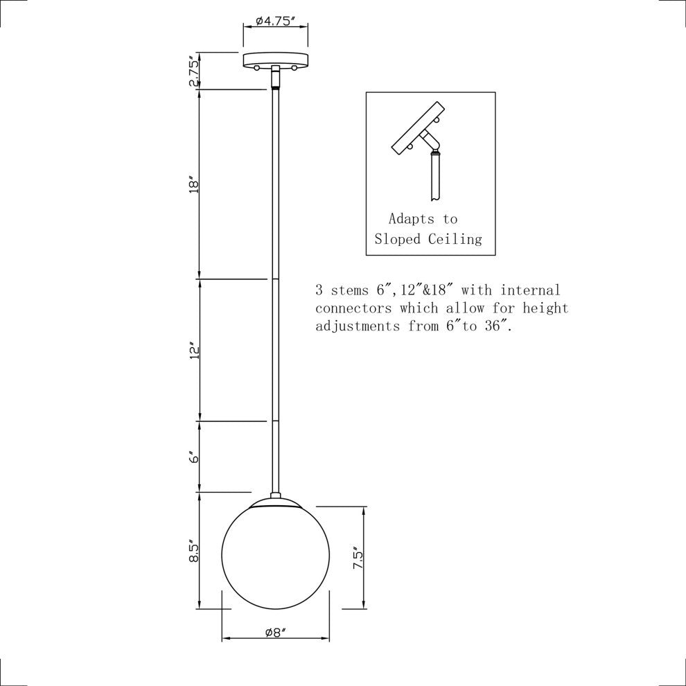 1-LT 8" Globe Glass Pendant, Brushed Nickel