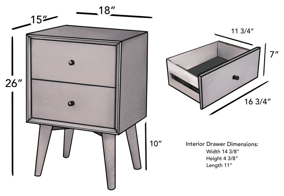 Flynn Mid Century Modern 2 Drawer Nightstand, Gray