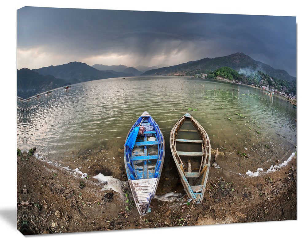 Two Boats near Pokhara Lake, Boat Canvas Art Print, 40"x30"