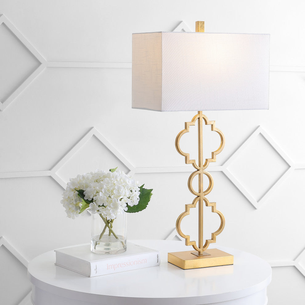 Selina 32" Iron Ogee Trellis Modern LED USB Table Lamp, Gold by JONATHAN Y