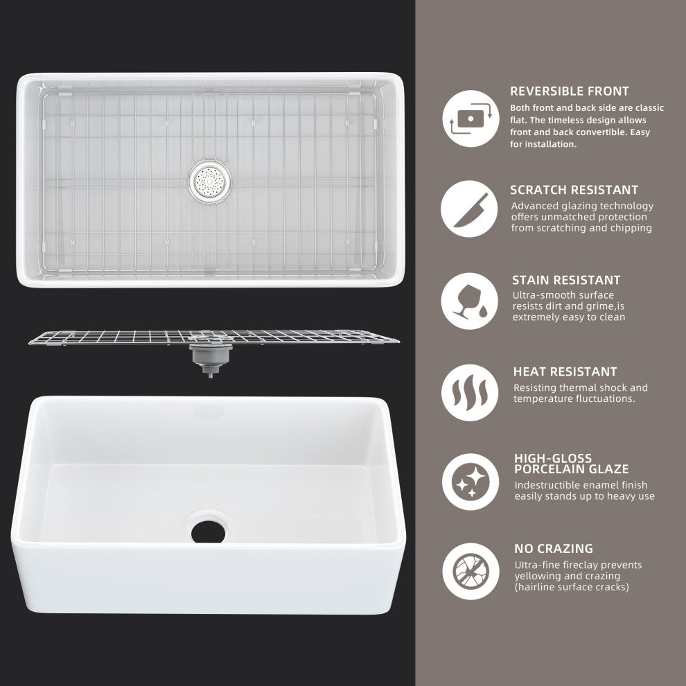 36"L x 20"W  White Single Bowl Fireclay Farmhouse Kitchen Sink With Accessories