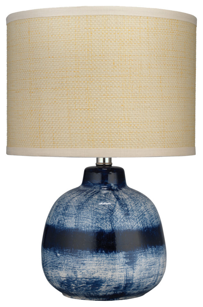 Small Batik Table Lamp, Indigo Ceramic With Small Drum Shade, Raffia