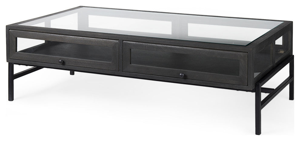 Arelius Glass-Top Black-Brown Wood With Black Metal Base Display Coffee Table