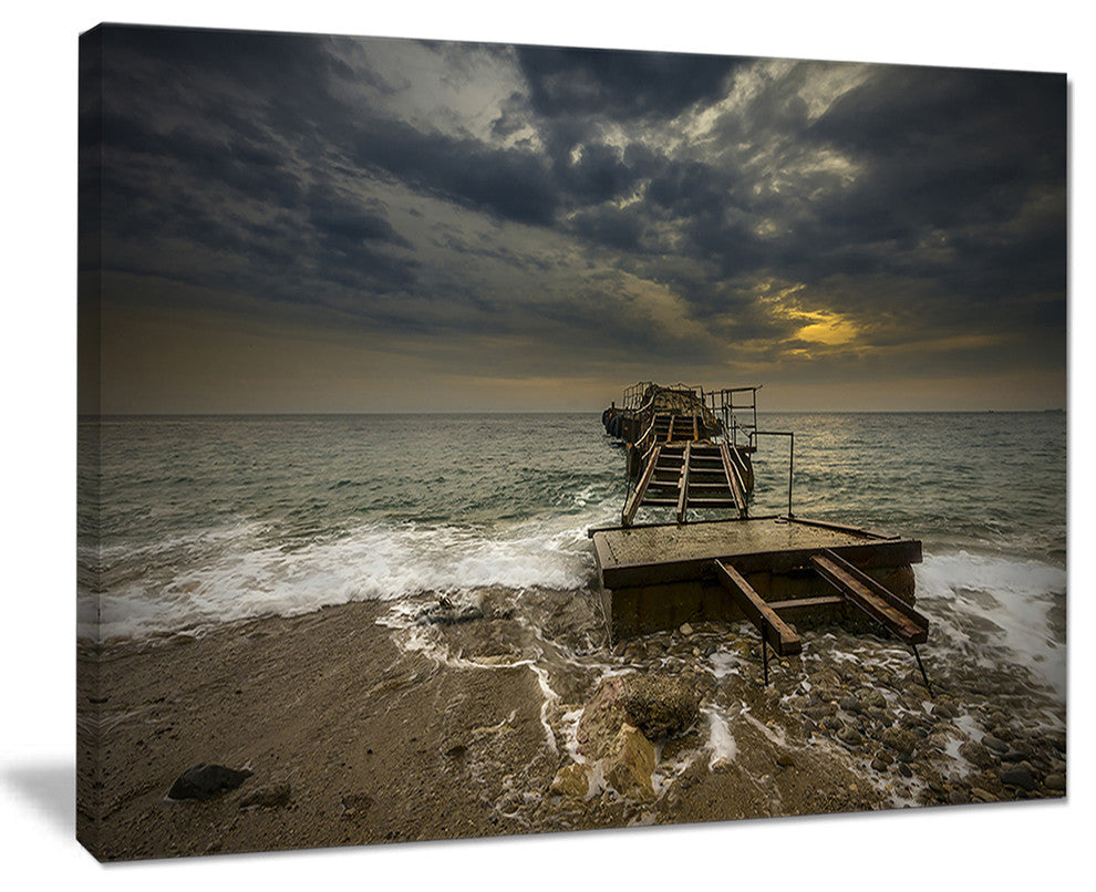 "Ruined Wooden Pier For Boats At Sunset" Sea Bridge Wall Art, 20"x12"