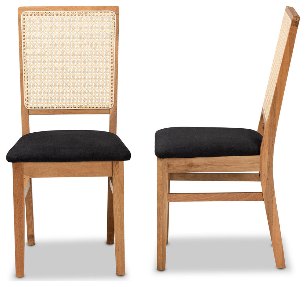 Ayala Mid-Century Black Fabric Upholstered Rattan Dining Chair, Set of 2