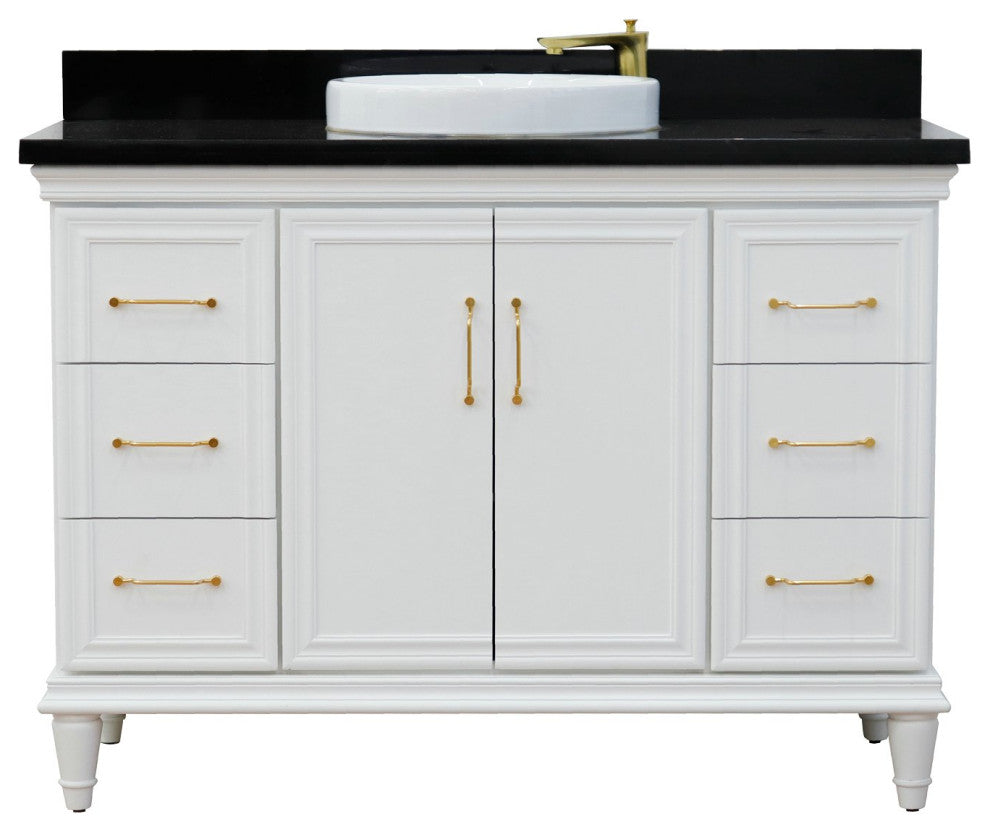 49" Single Sink Vanity, White Finish With Black Galaxy Granite and Round Sink