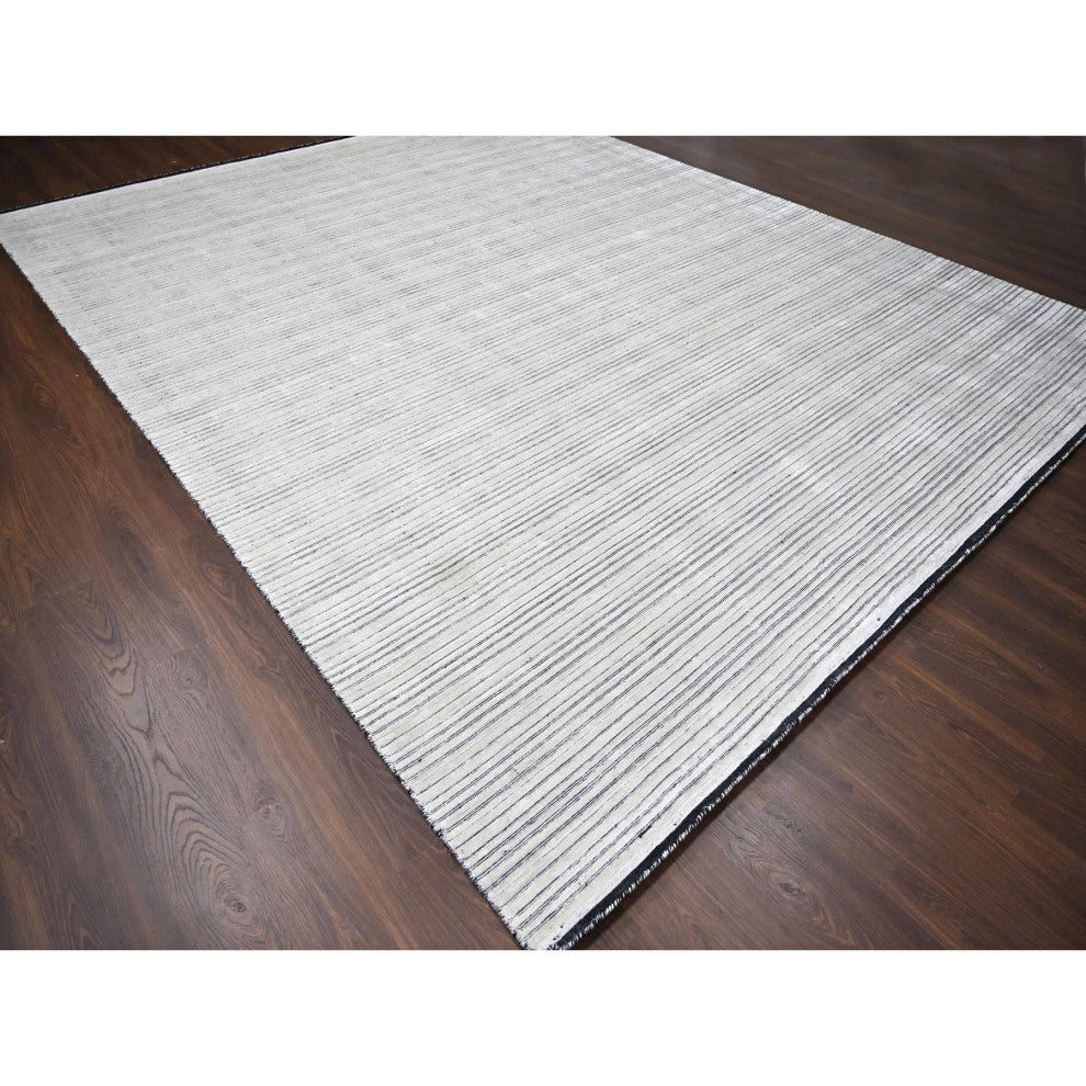 Ivory and Black Wool and Silk Hand Loomed Modern Oversize Oriental Rug 12'2"x15'