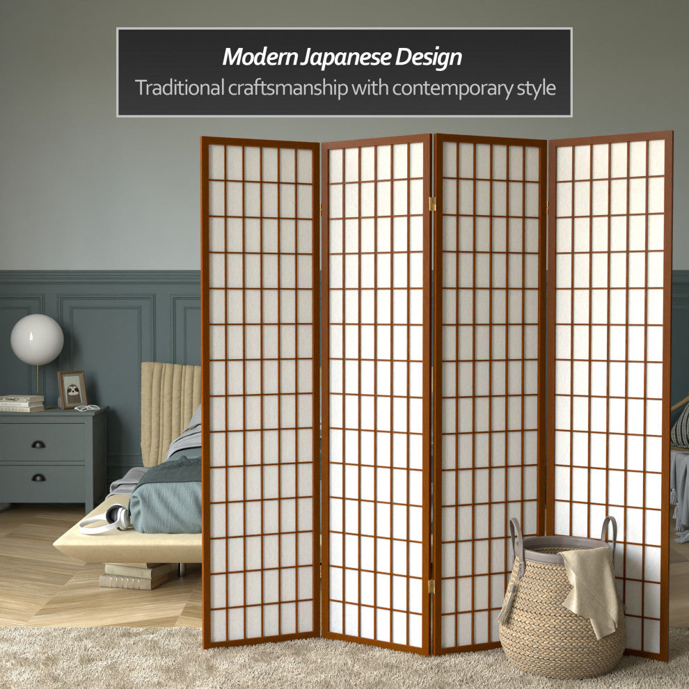6' Tall Window Pane Shoji Screen, Walnut, 4 Panels