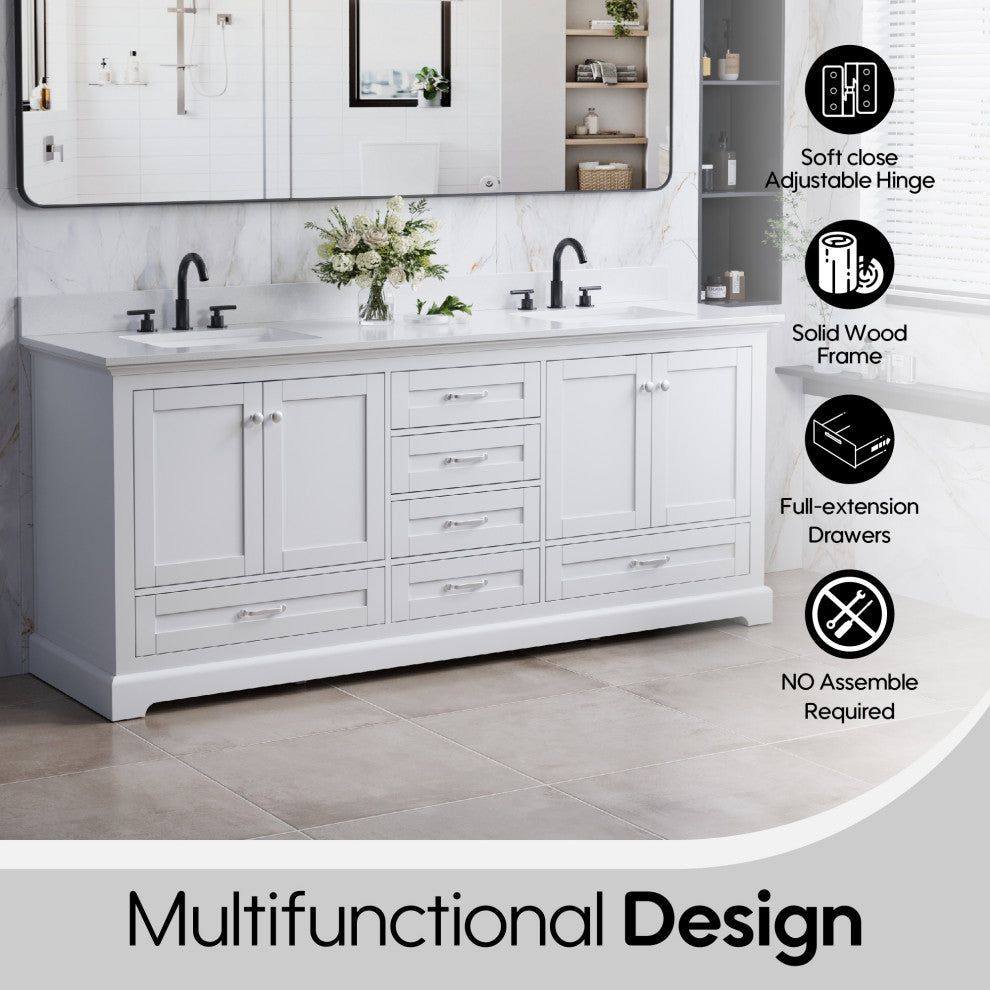 80" Freestanding Bathroom Vanity with White Cultured Marble Top in White