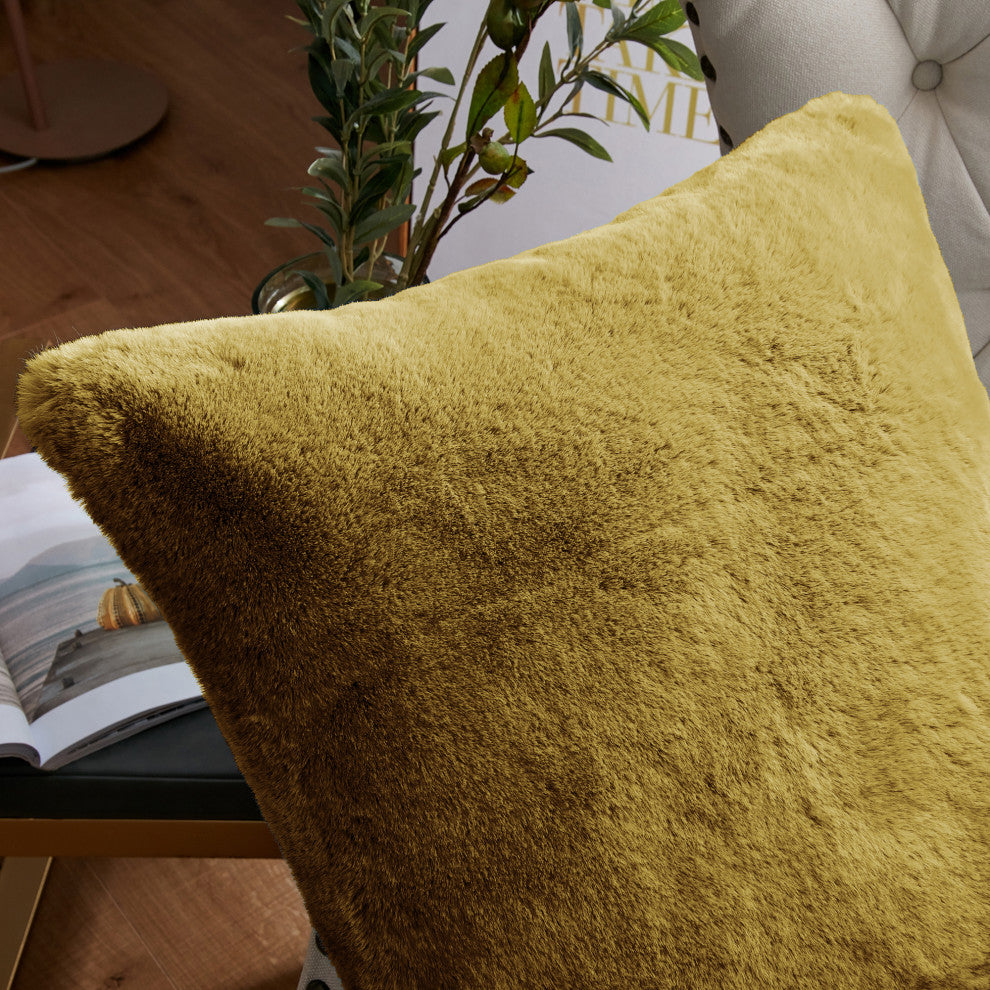 Heavy Faux Fur Throw Pillow Covers 2pcs Set, Lemon Curry, 26''x26''