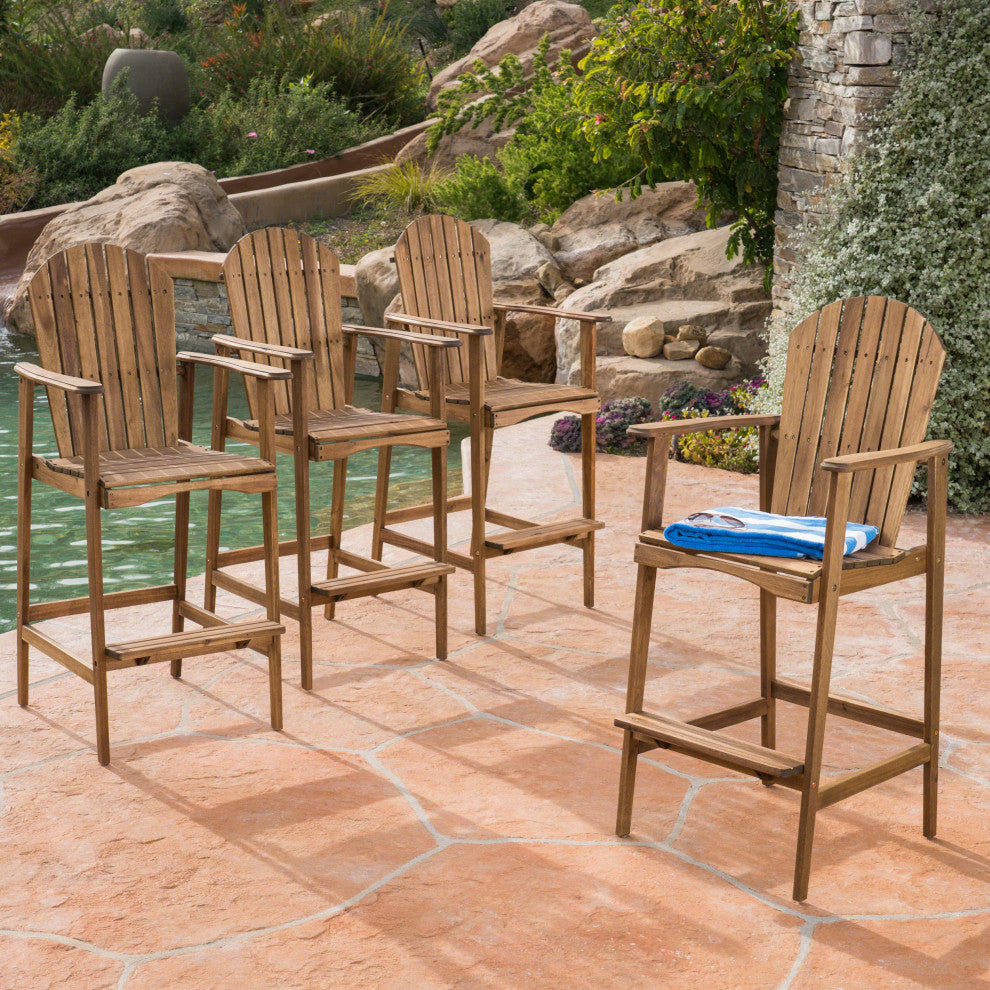 GDF Studio Malibu Outdoor Finish Acacia Wood Adirondack Barstools, Natural Stain, Set of 4