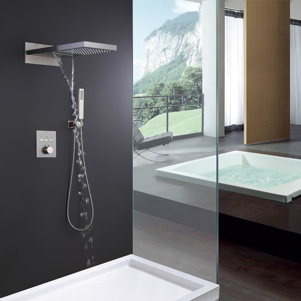 Luxury Thermostatic Shower System with Rough-in Valve & Waterfall Showerhead, Br