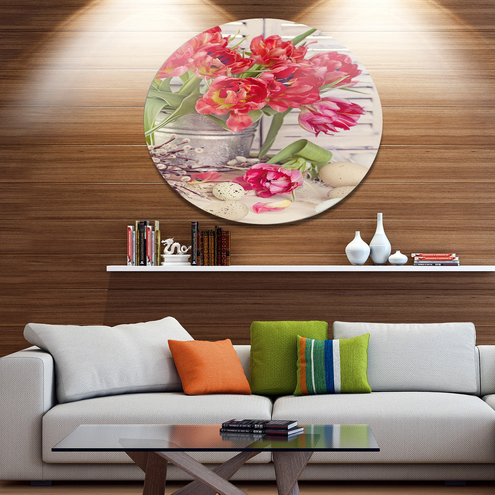 Tulip Flowers And Easter Eggs, Floral Round Wall Art, 11"