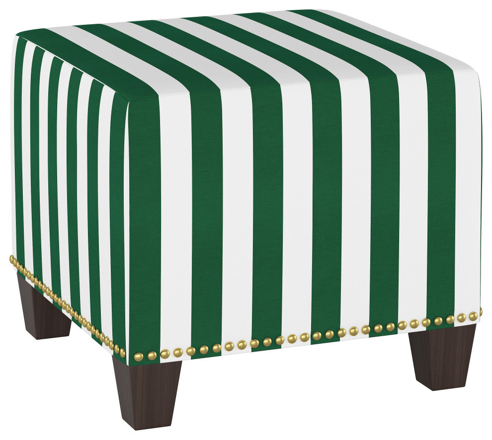 Quinn Square Nail Button Ottoman, Canopy Stripe Emerald