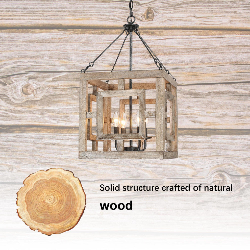 4-Lights Bruched Farmhouse and White Wood Chandelier For Living Room