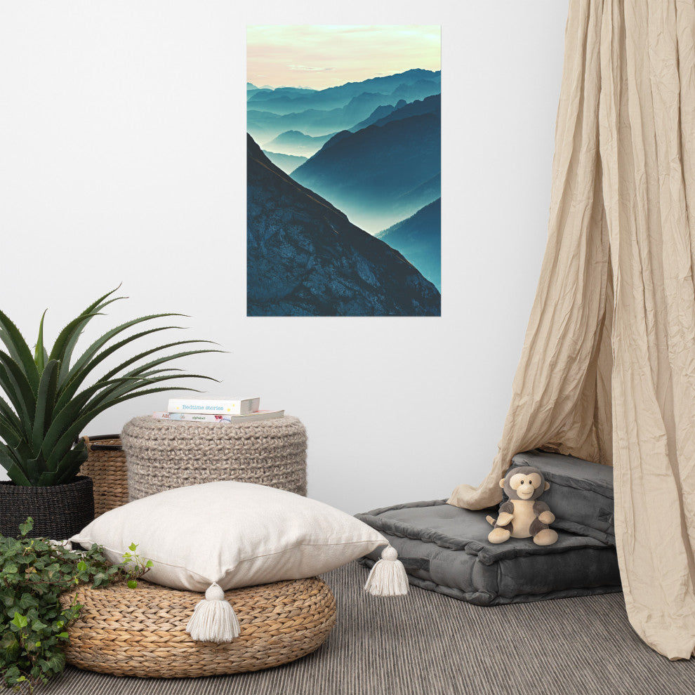 Misty Blue Silhouette Mountain Range Landscape Photo Unframed Wall Art Prints, 24" X 36"