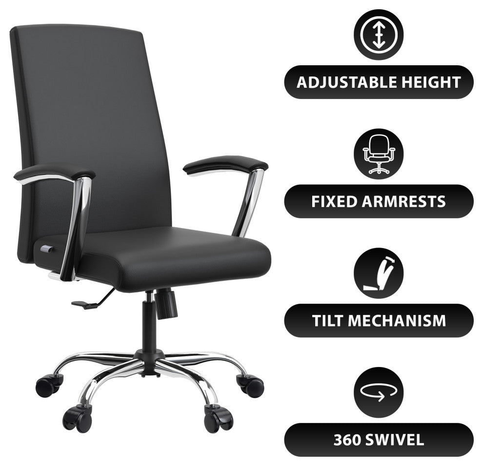 LeisureMod Evander Swivel Office Chair in Leather With Silver Frame, Black