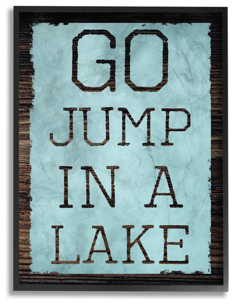Go Jump In A Lake Blue & Brown Typography Oversized Framed Giclee Art, 16"x20"