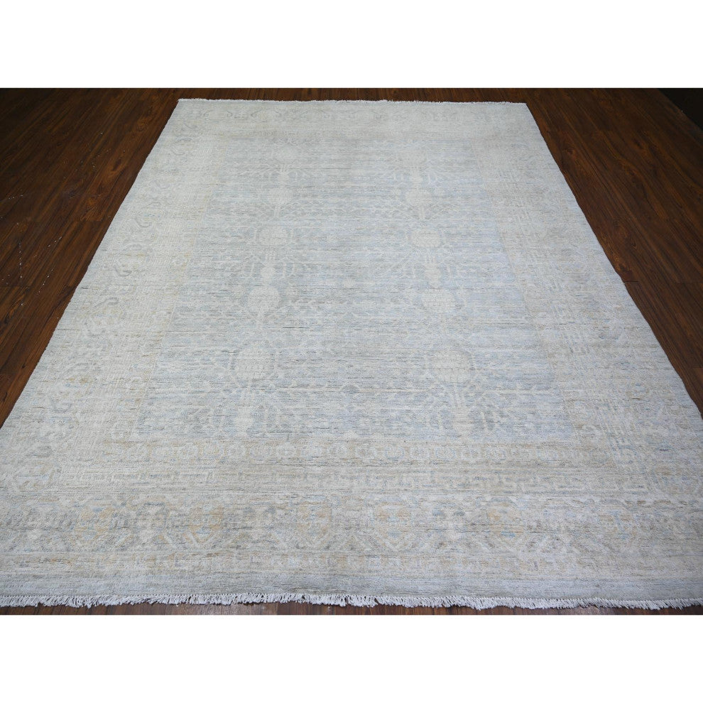 Blue Gray Washed Out Samarkand Pomegranate Design Hand Knotted Rug, 8'x9'8"