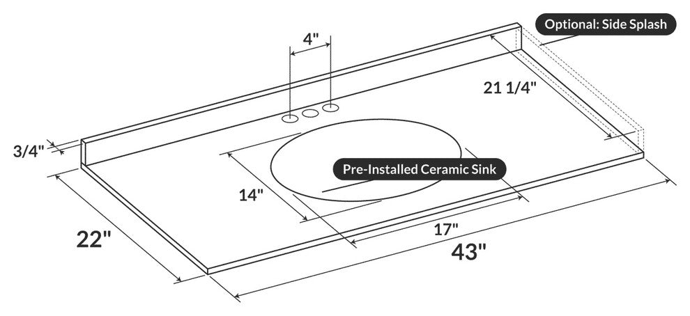 Cara White 43"x22" Marble Vanity Top, 4" Spread
