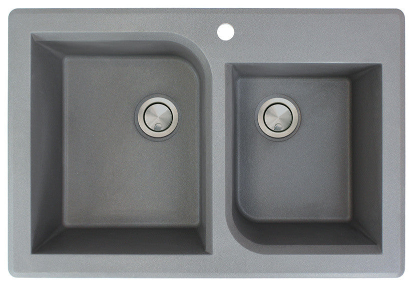 Radius 33" silQ Granite Double Bowl Kitchen Sink with 1 Pre-Drilled Hole in Grey