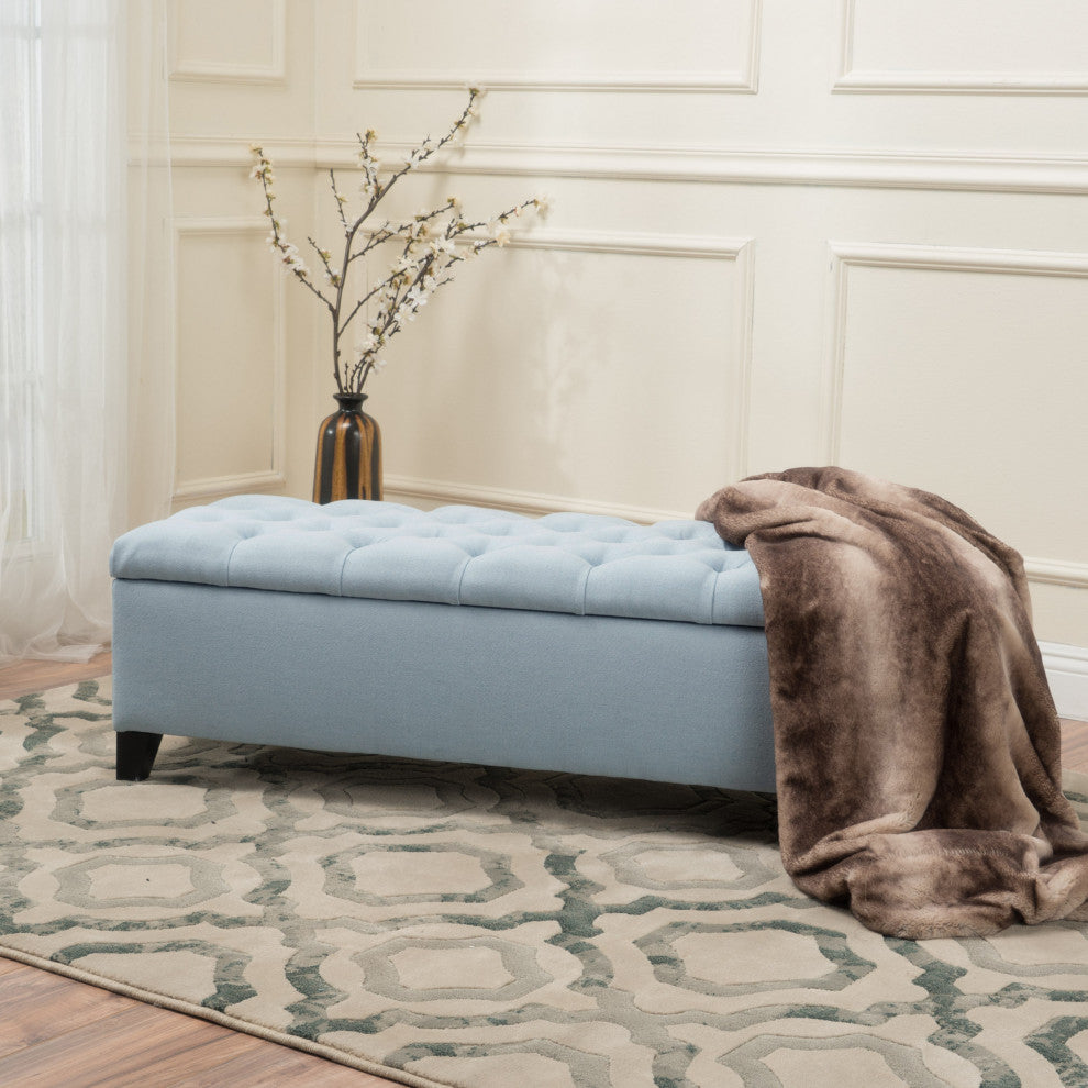 GDF Studio Ottilie Contemporary Button-Tufted Storage Ottoman Bench, Light Sky/Dark Brown