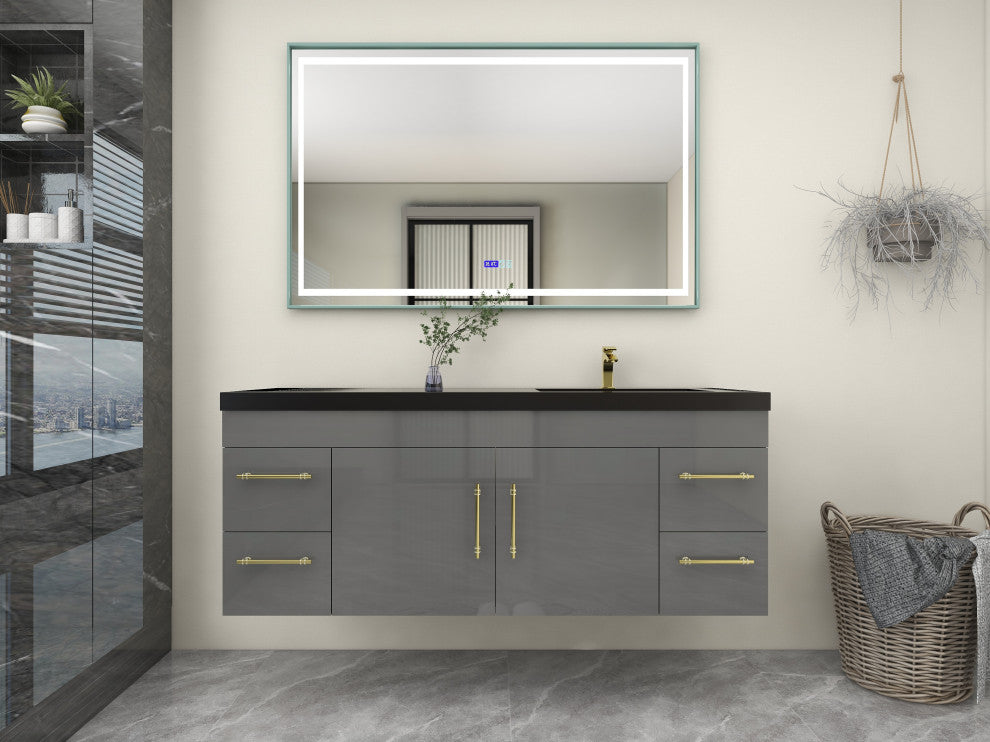 Rosa 60" Wall Mounted Modern Vanity, High Gloss Gray, Matt Black Top