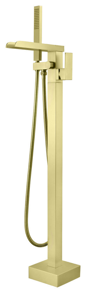 Waterfall Floor Mounted Tub Faucet With Hand Held Shower, Brushed Gold