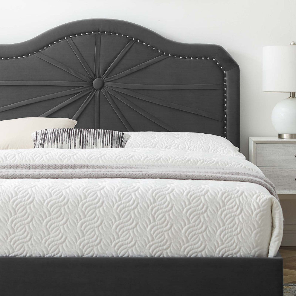 Platform Bed Frame, King Size, Velvet, Dark Gray, Modern Contemporary