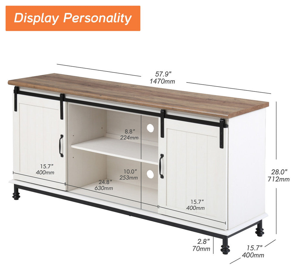 White and Oak Modern Farmhouse TV Stand With Storage