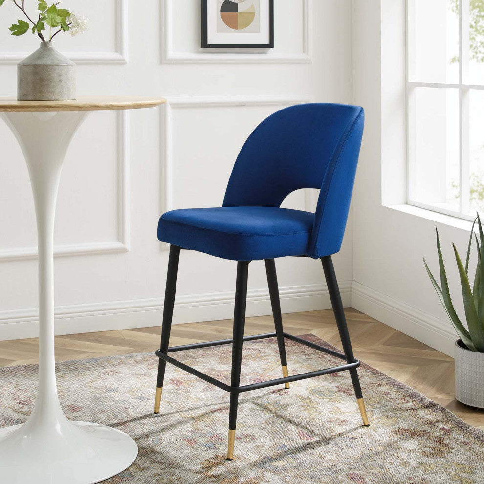 Counter Stool Chair, Velvet, Metal, Blue Navy, Modern, Bar Pub Bistro Restaurant