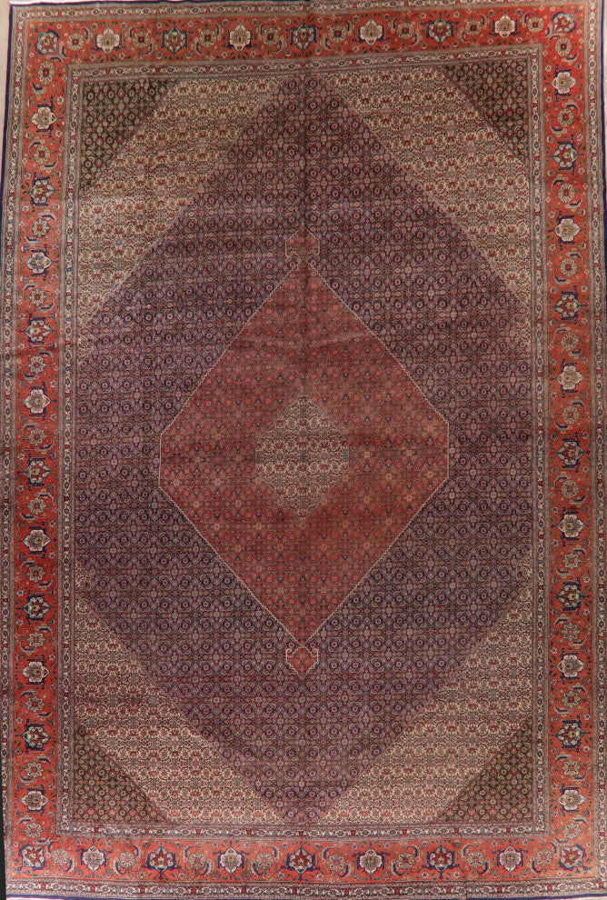 Consigned, Oriental Bordered Hand-Knotted Antique Persian Area Rug, Blue, 13X19