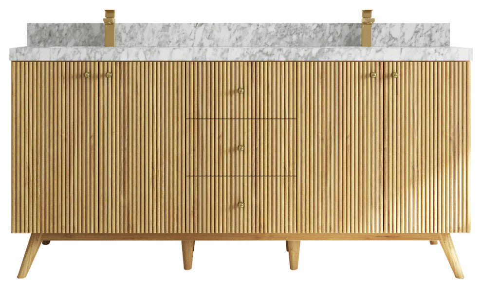 Pasadena 72 Double Sink Bath Vanity in Light Natural Teak 2" Carrara Marble