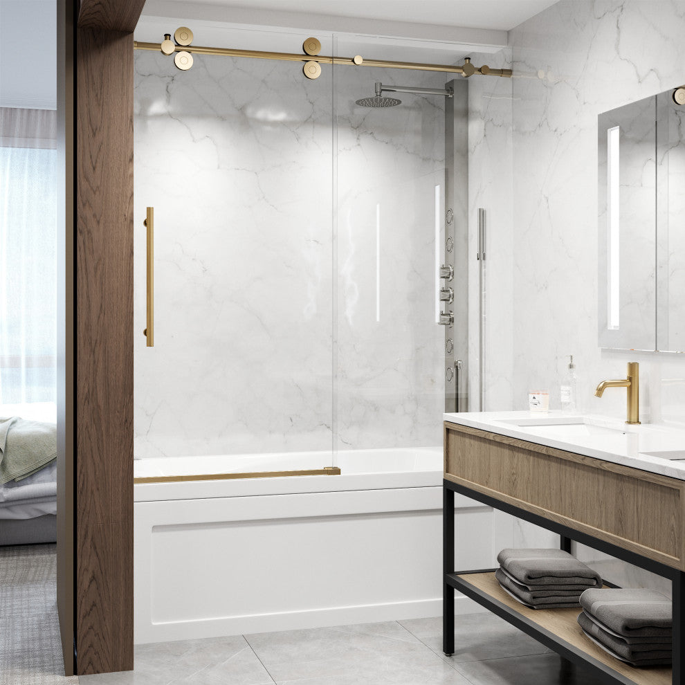 VIGO Elan 56" to 60" W x 66" H Frameless Sliding Tub Door, Matte Gold, Laminated Glass