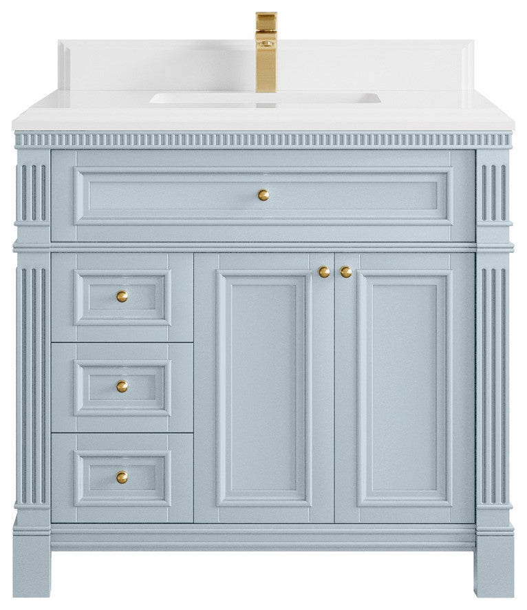 Paris 36" Center Sink Bathroom Vanity, Blue Heather 1.5" White Quartz