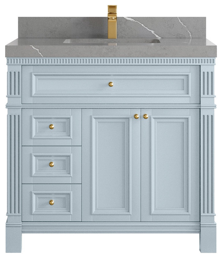 Paris 36" Center Sink Bathroom Vanity, Blue Heather 2" Piatra Gray