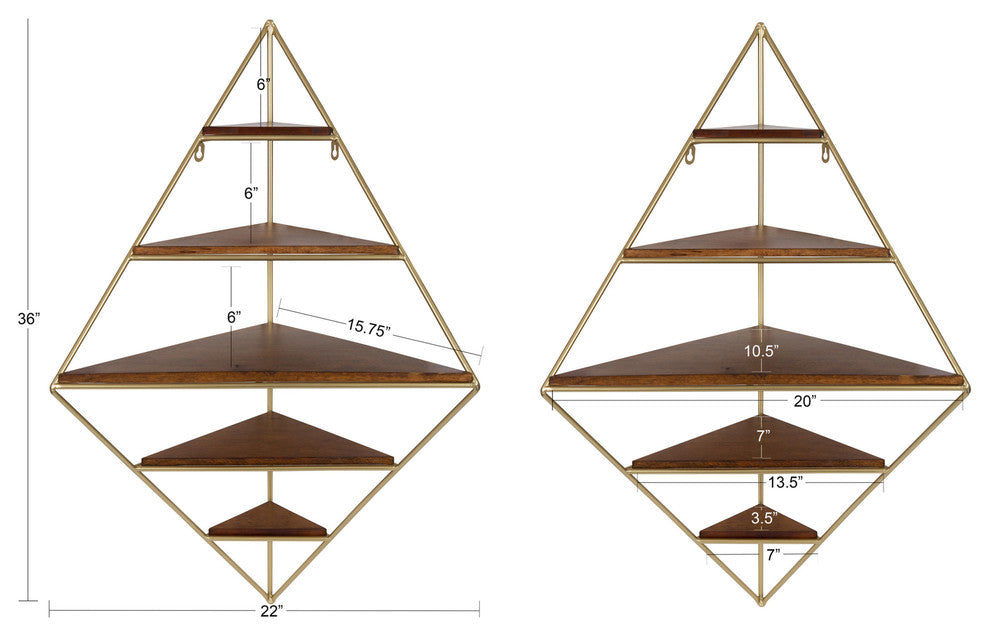 Melora Metal and Wood Corner Wall Shelf, Gold 5 Shelves