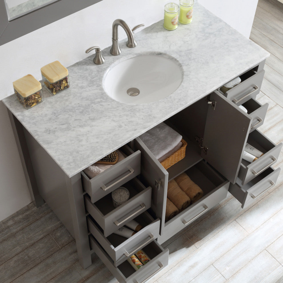 Gela 48" Single Vanity in Grey with Carrara White Marble Countertop With Mirror